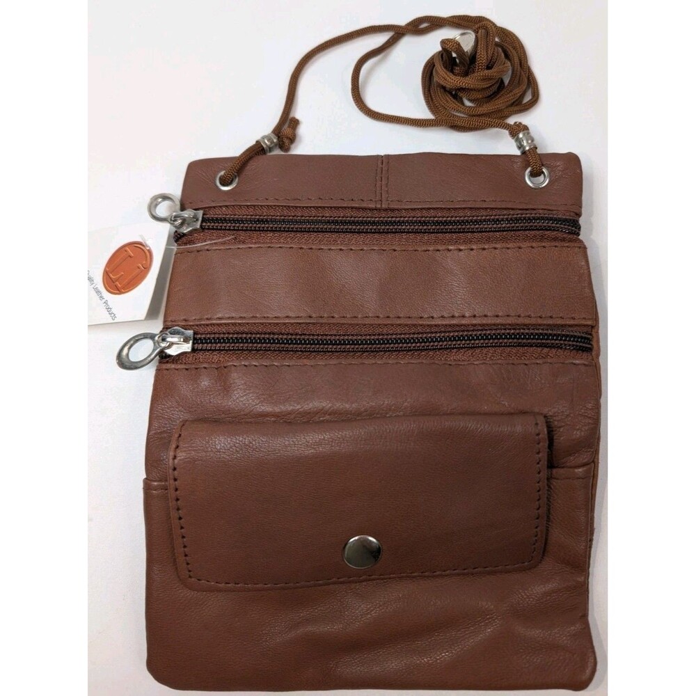 Y2K Brown Leather Crossbody Organizer Bag Multi Zip Small Purse Hobo Shabby Chic